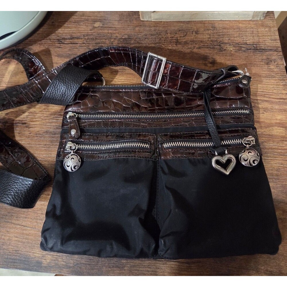 Brighton Black Go-Go Nylon & Croc Print Leather Crossbody Handbag Purse
